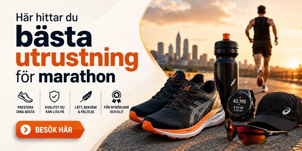 Banner som marknadsför maratonutrustning med löparskor, GPS-klocka, sportglasögon, keps och vätskeflaska i förgrunden samt en löpare i bakgrunden. Texten lyder ”Här hittar du bästa utrustning för marathon” och innehåller en CTA-knapp med texten ”Besök här”.