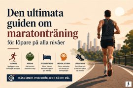 Featured image som visar en löpare på väg genom stadsmiljö med rubriken ”Den ultimata guiden om maratonträning för löpare på alla nivåer”, med fokus på träning, näring, återhämtning, mental styrka och utrustning för maraton.
