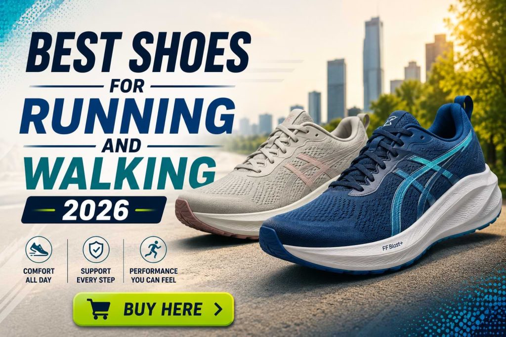 Promotional banner featuring the best running and walking shoes for 2026 with modern athletic footwear, highlighting comfort, support, performance, and a "Buy Here" call-to-action.