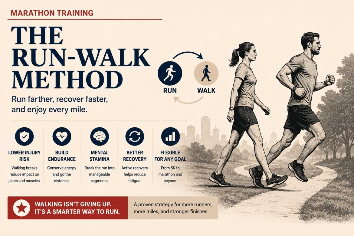 featured image illustrating the Run-Walk Method for marathon training, showing a runner alternating between running and walking to improve endurance, recovery, and injury prevention.