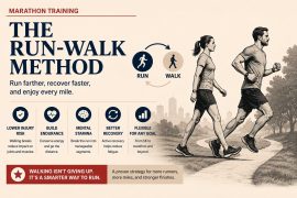 featured image illustrating the Run-Walk Method for marathon training, showing a runner alternating between running and walking to improve endurance, recovery, and injury prevention.