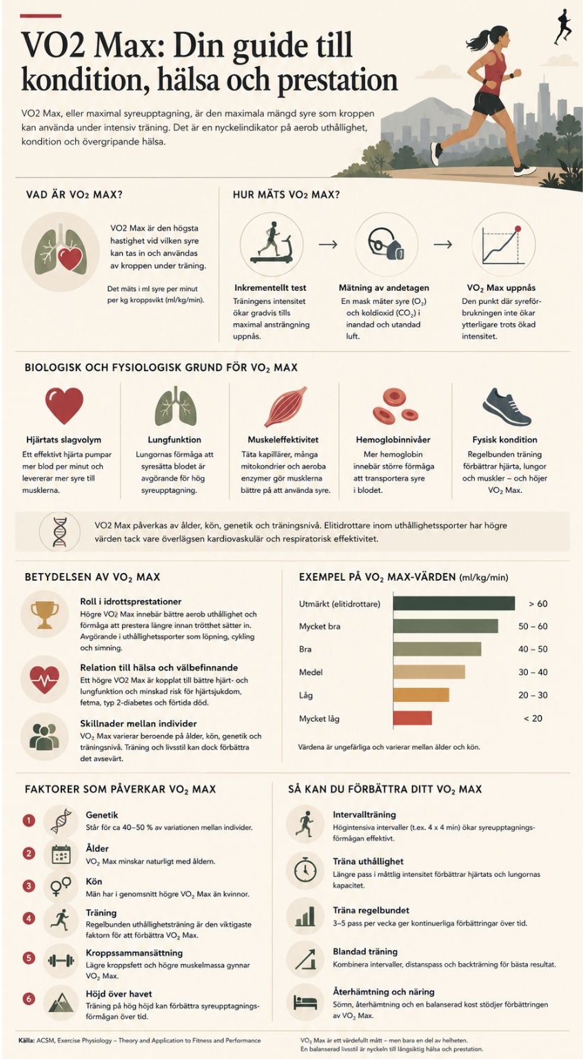 Infografik som förklarar VO₂ Max, hur maximal syreupptagning mäts, vilka faktorer som påverkar konditionen och hur du kan förbättra din VO₂ Max genom träning, återhämtning och kost.