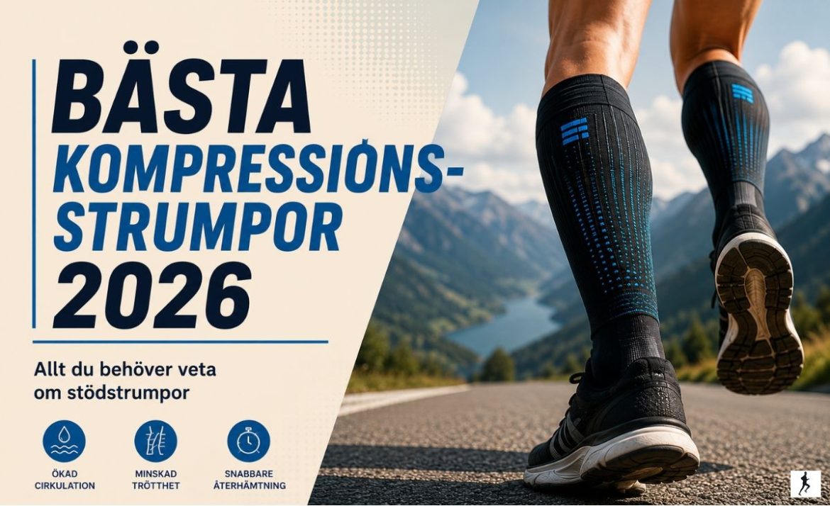 Featured image för Bästa kompressionsstrumpor 2026 med löpare som bär kompressionsstrumpor på bergsväg. Bilden illustrerar ökad blodcirkulation, minskad trötthet och snabbare återhämtning för löpare och motionärer.