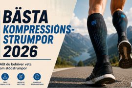 Featured image för Bästa kompressionsstrumpor 2026 med löpare som bär kompressionsstrumpor på bergsväg. Bilden illustrerar ökad blodcirkulation, minskad trötthet och snabbare återhämtning för löpare och motionärer.