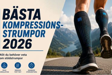 Featured image för Bästa kompressionsstrumpor 2026 med löpare som bär kompressionsstrumpor på bergsväg. Bilden illustrerar ökad blodcirkulation, minskad trötthet och snabbare återhämtning för löpare och motionärer.