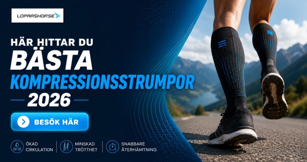 Banner för bästa kompressionsstrumpor 2026 från Löparshop med löpare i kompressionsstrumpor, CTA-knapp och fokus på ökad cirkulation, minskad trötthet och snabbare återhämtning.