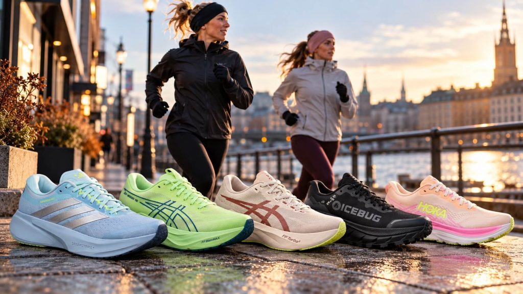 Fem av de bästa löparskorna för damer 2026 från adidas, ASICS, Icebug och HOKA i förgrunden, med två kvinnor som springer i jackor och pannband i stadsmiljö i bakgrunden.