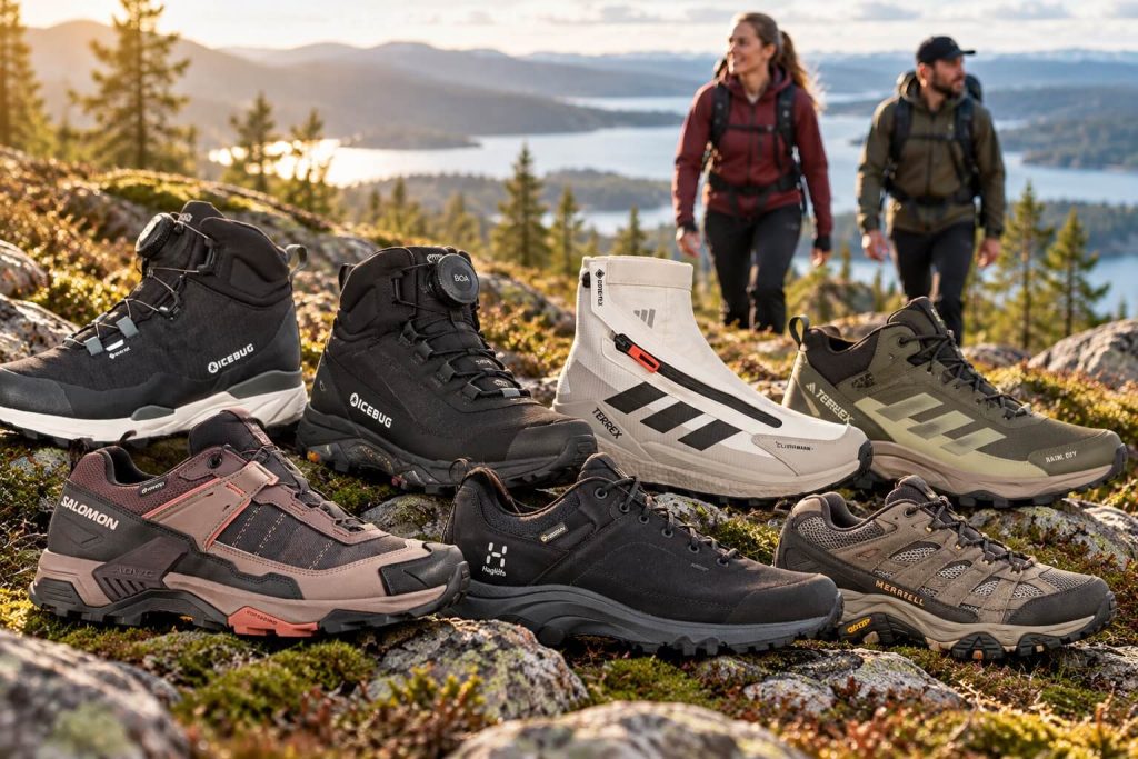 Bästa vandringsskor 2026 från Icebug, Adidas Terrex, Salomon, Haglöfs och Merrell i förgrunden, med en kvinna och man som vandrar i vacker nordisk fjällnatur i bakgrunden.