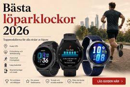Featured image för artikeln Bästa löparklockor 2026. Bilden visar populära löparklockor från Garmin, Coros och Huawei framför en löpare i stadsmiljö. Fokus ligger på GPS, pulsmätning, återhämtning, träningsdata, batteritid och smarta funktioner för både nybörjare och erfarna löpare.