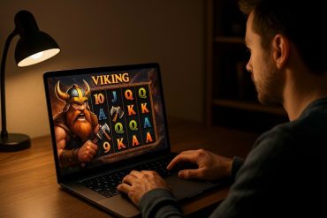 Man som spelar på online slot på sin laptop i sitt rum