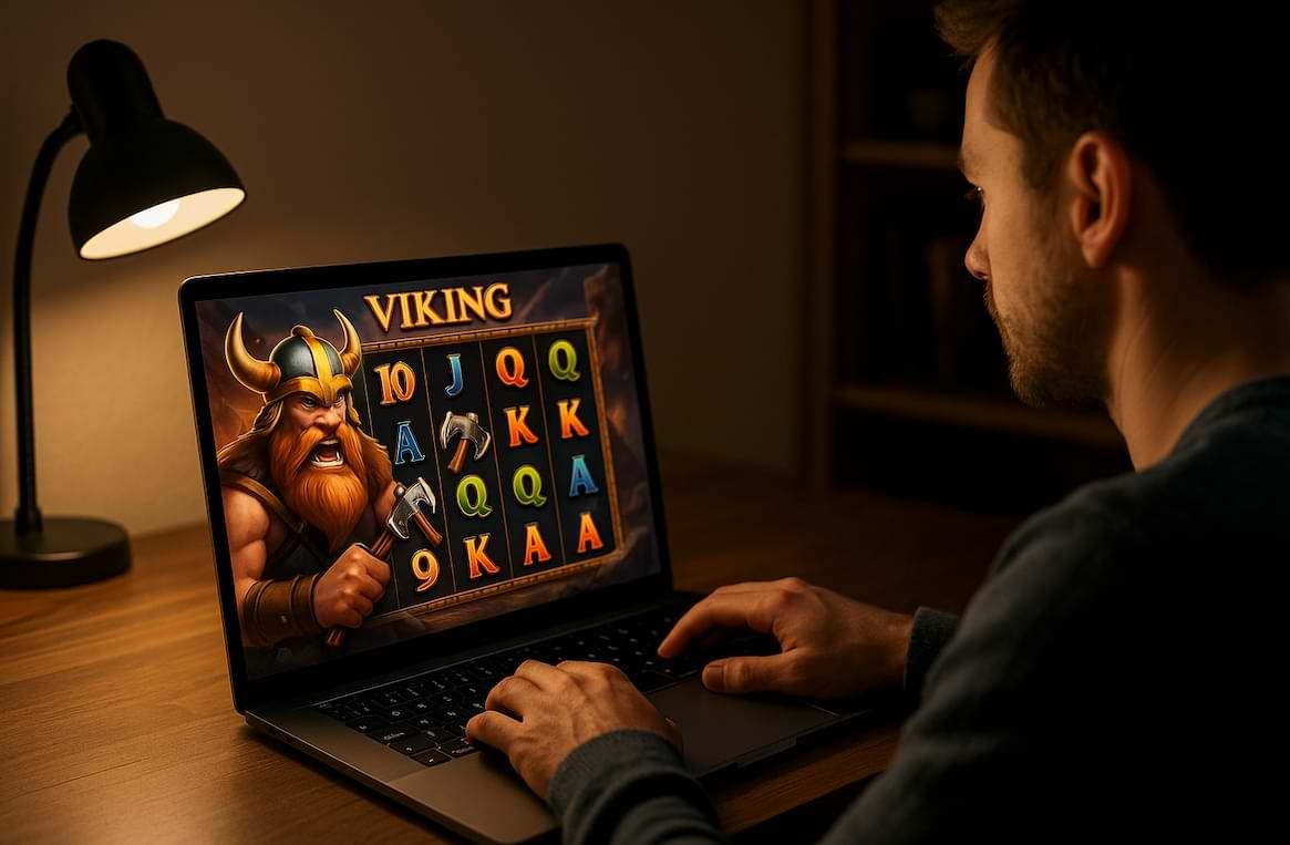 Man som spelar på online slot på sin laptop i sitt rum