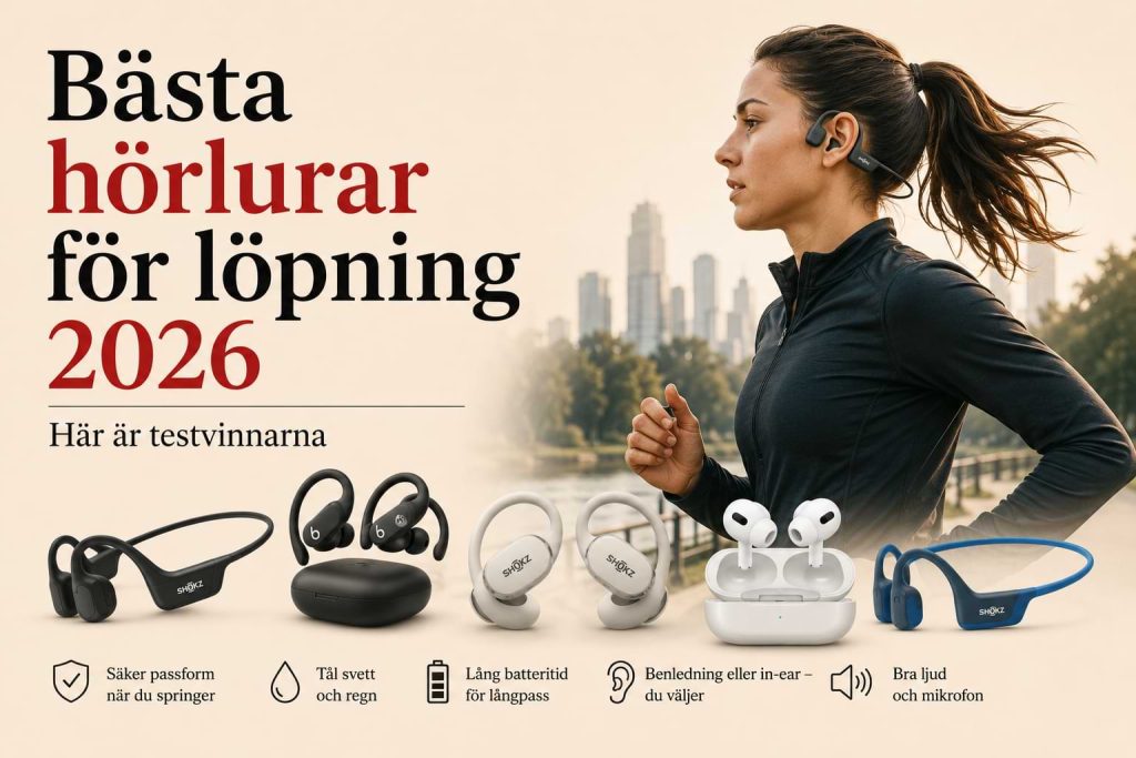Featured image för artikeln Bästa hörlurar för löpning 2026. Bilden visar en löpare med benledningshörlurar samt populära modeller från SHOKZ, Beats och Apple AirPods. Fokus ligger på testvinnare för löpning, maraton, träning och vardagsmotion med egenskaper som säker passform, vattentålighet, lång batteritid och hög ljudkvalitet.