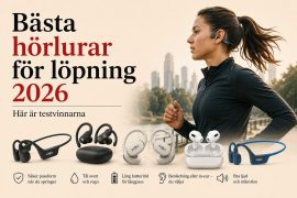 Featured image för artikeln Bästa hörlurar för löpning 2026. Bilden visar en löpare med benledningshörlurar samt populära modeller från SHOKZ, Beats och Apple AirPods. Fokus ligger på testvinnare för löpning, maraton, träning och vardagsmotion med egenskaper som säker passform, vattentålighet, lång batteritid och hög ljudkvalitet.