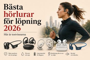 Featured image för artikeln Bästa hörlurar för löpning 2026. Bilden visar en löpare med benledningshörlurar samt populära modeller från SHOKZ, Beats och Apple AirPods. Fokus ligger på testvinnare för löpning, maraton, träning och vardagsmotion med egenskaper som säker passform, vattentålighet, lång batteritid och hög ljudkvalitet.