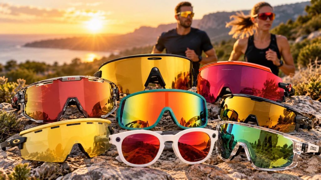 Bästa löparglasögon 2026 – Sportglasögon och solglasögon för löpning från Oakley, Bliz och Goodr i förgrunden med två löpare i bakgrunden.