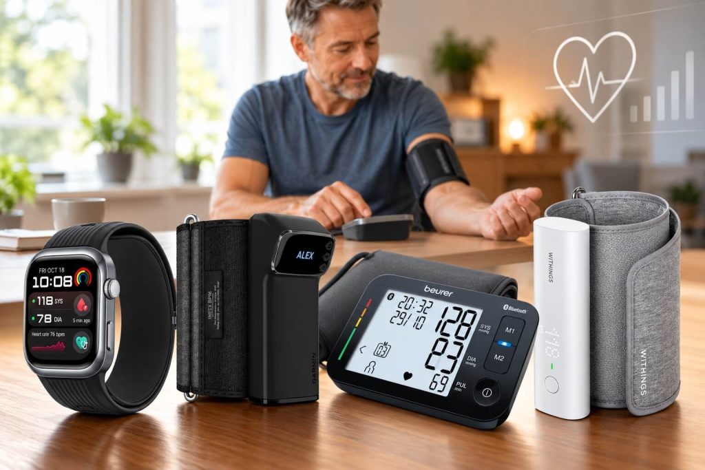Bästa blodtrycksmätare 2026 – Withings BPM Connect, Beurer BM 54, Garmin Index BPM och Huawei Watch D2 i förgrunden, med en man som mäter blodtrycket hemma i bakgrunden.