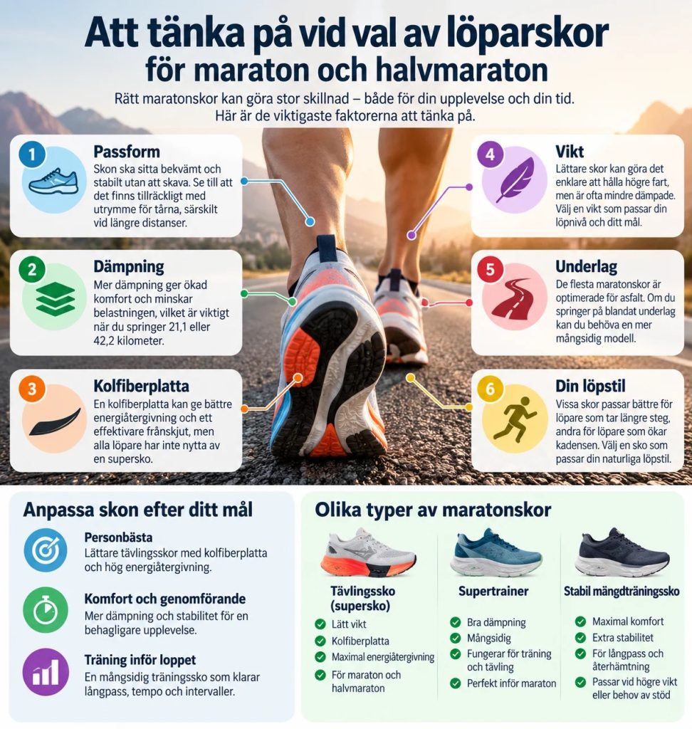 Att tänka på vid val av löparskor för maraton och halvmaraton – guide till passform, dämpning, kolfiberplatta, vikt, underlag och löpstil.