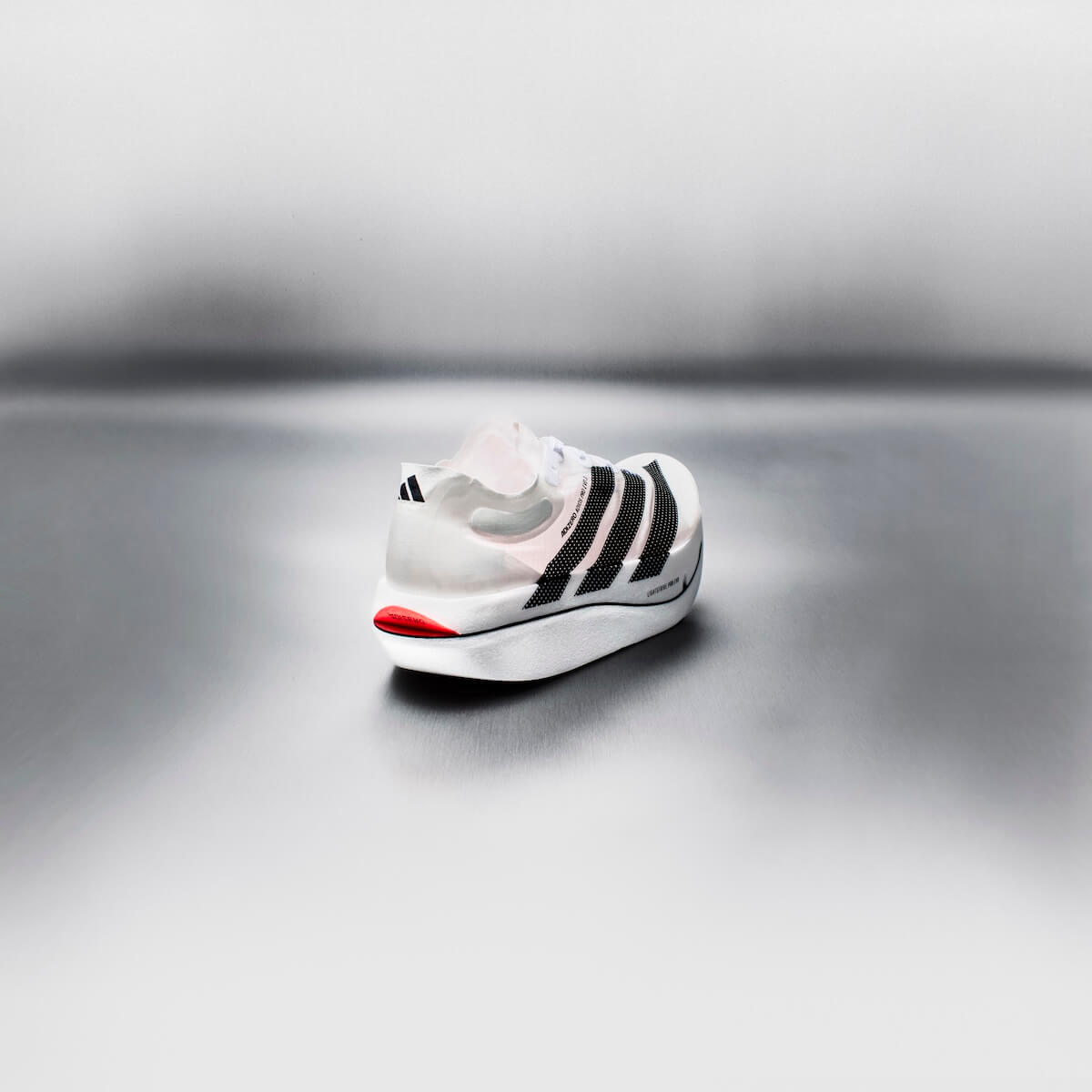 adidas Adizero Adios Pro Evo 3 från bakifrån på minimalistisk grå bakgrund – världens lättaste marathonsko