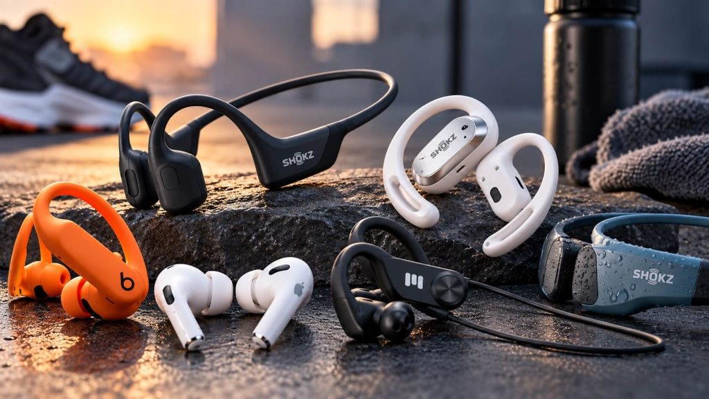 Bästa hörlurar för löpning 2026 – Trådlösa sporthörlurar från Shokz, Beats, Apple och MIIEGO i förgrunden med löparskor och träningsutrustning i bakgrunden.