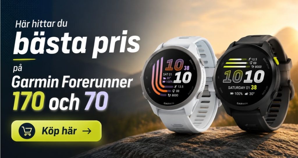 Reklambanner med Garmin Forerunner 70 och Garmin Forerunner 170 samt budskapet "Här hittar du bästa pris på Garmin Forerunner 170 och 70" och en tydlig "Köp här"-knapp.