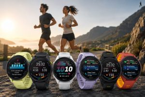 Garmin Forerunner 70 och Garmin Forerunner 170 i flera färgvarianter i förgrunden, med en man och en kvinna som springer längs en kustväg i soluppgång. Bilden illustrerar moderna GPS-löparklockor och löpträning.