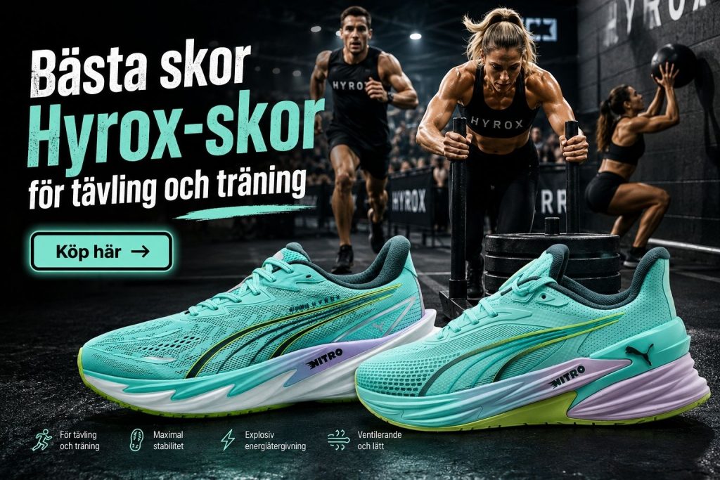 Bästa HYROX-skor för tävling och träning med PUMA NITRO-skor och HYROX-atleter i bakgrunden.