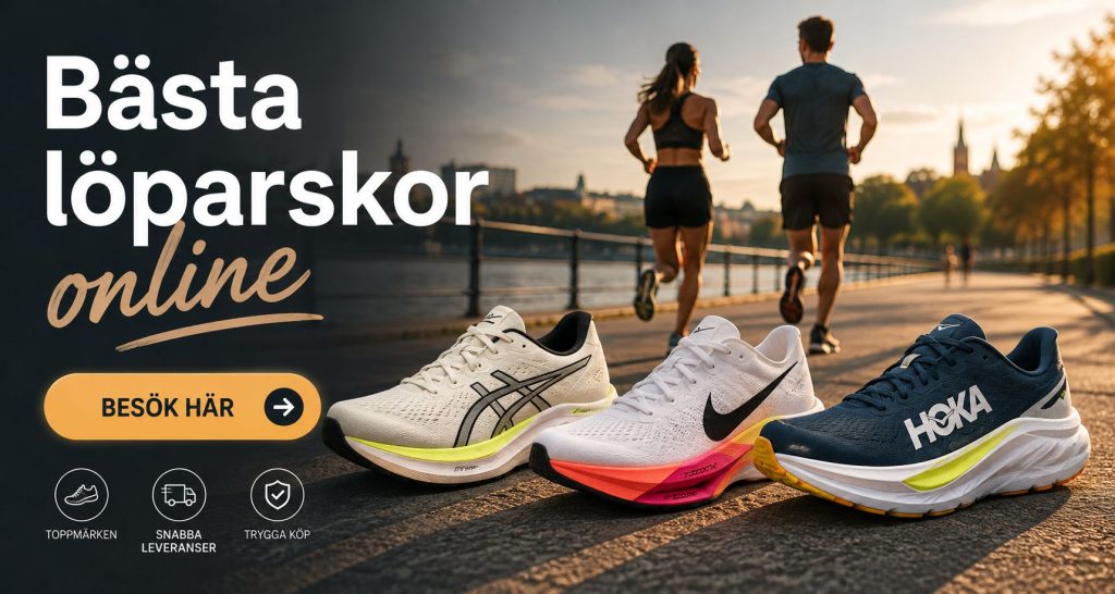 Bästa löparskor online med löparskor i förgrunden och en man och kvinna som springer