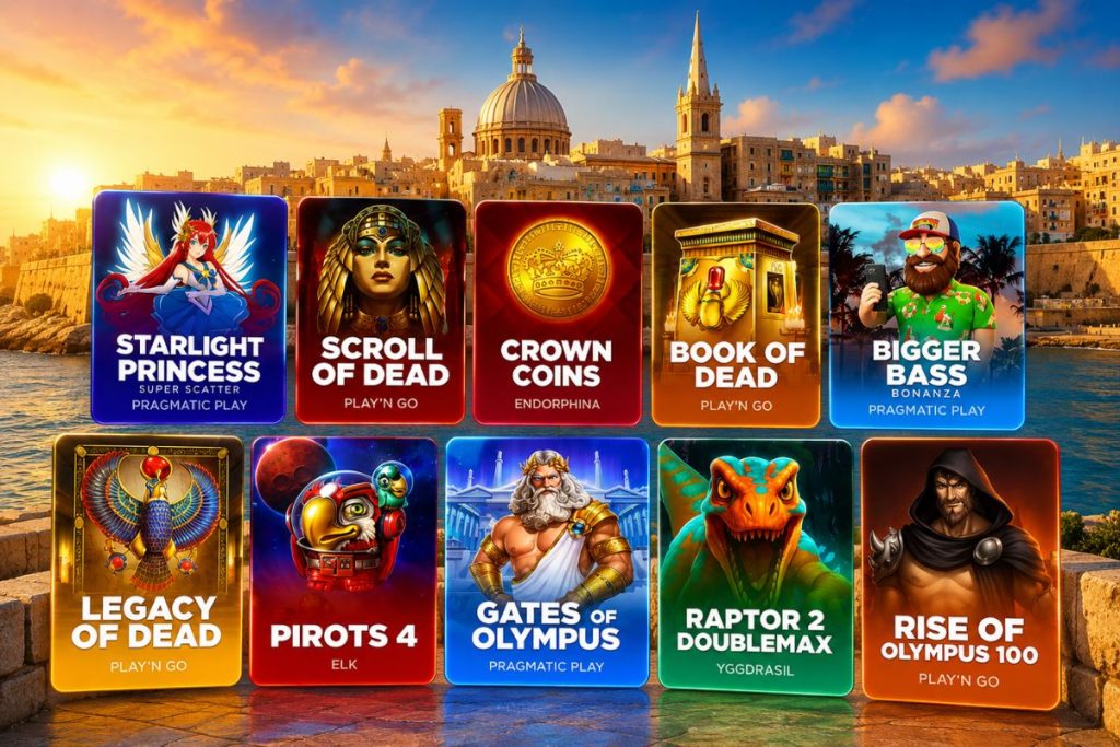 Popular online casino games with Malta landmark in the background.