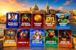 Popular online casino games with Malta landmark in the background.