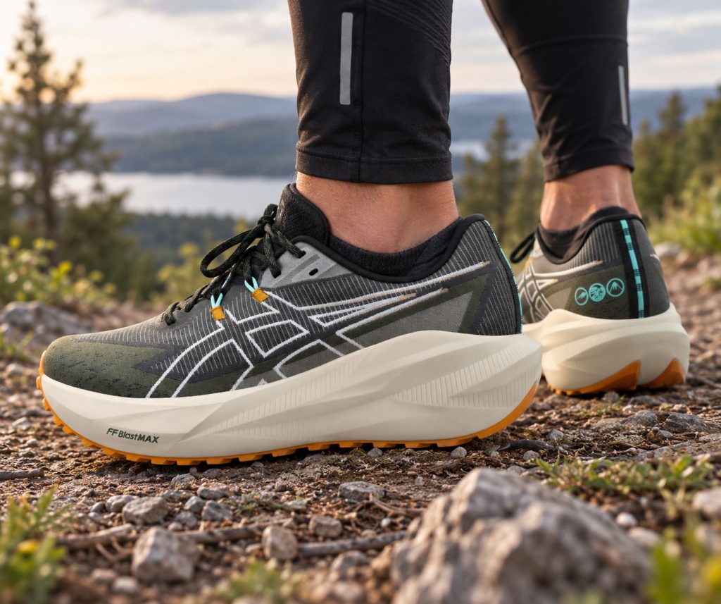 ASICS BLAZEBLAST trailskor på fötterna under löpning i terräng
