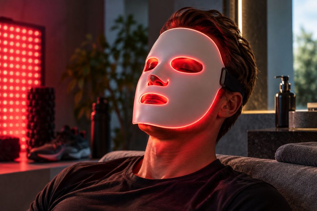 Man använder LED-mask med rött ljus för ansiktet och hudvård
