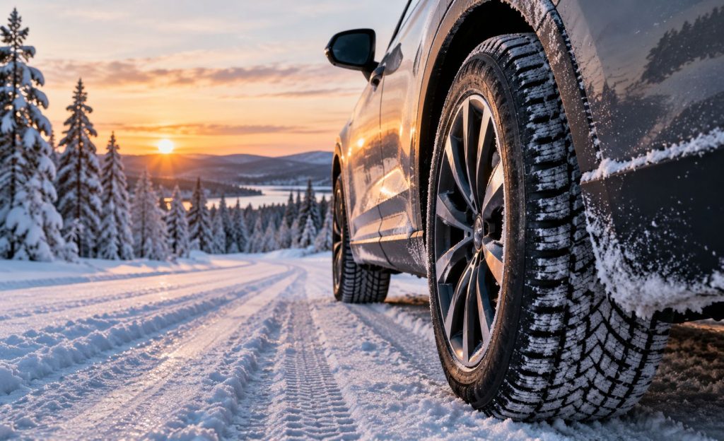 Bil med vinterdäck på snötäckt vinterväg – rätt däck förbättrar grepp, bromsning och körprestanda