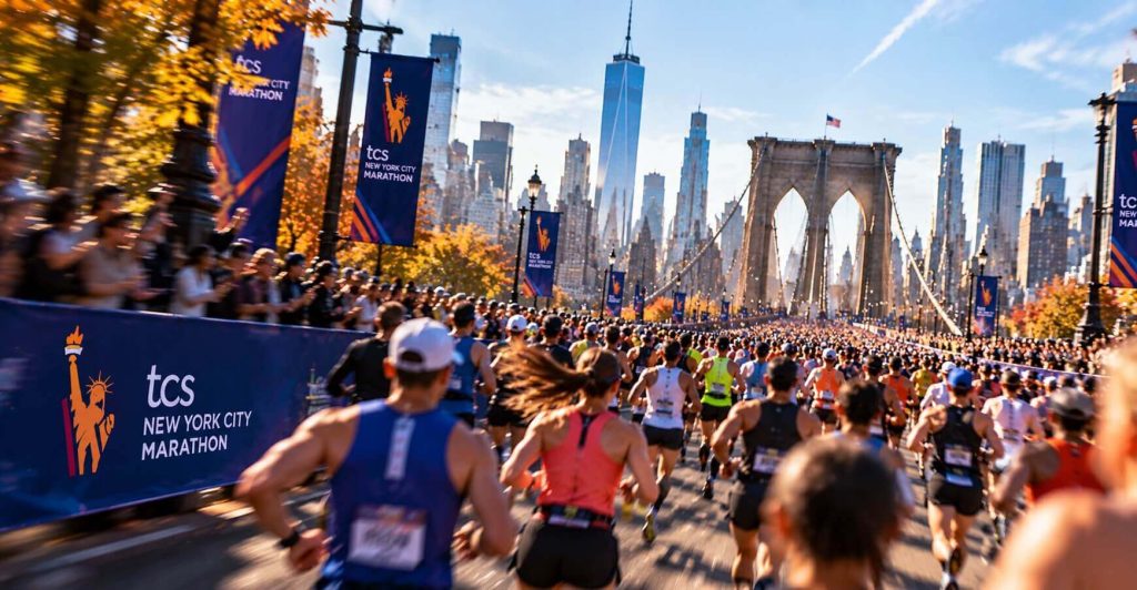 Stor löparskara under New York Marathon med Brooklyn Bridge och Manhattans skyline i bakgrunden – illustration till analysen av Andreas Almgrens möjliga maratontid 2026.