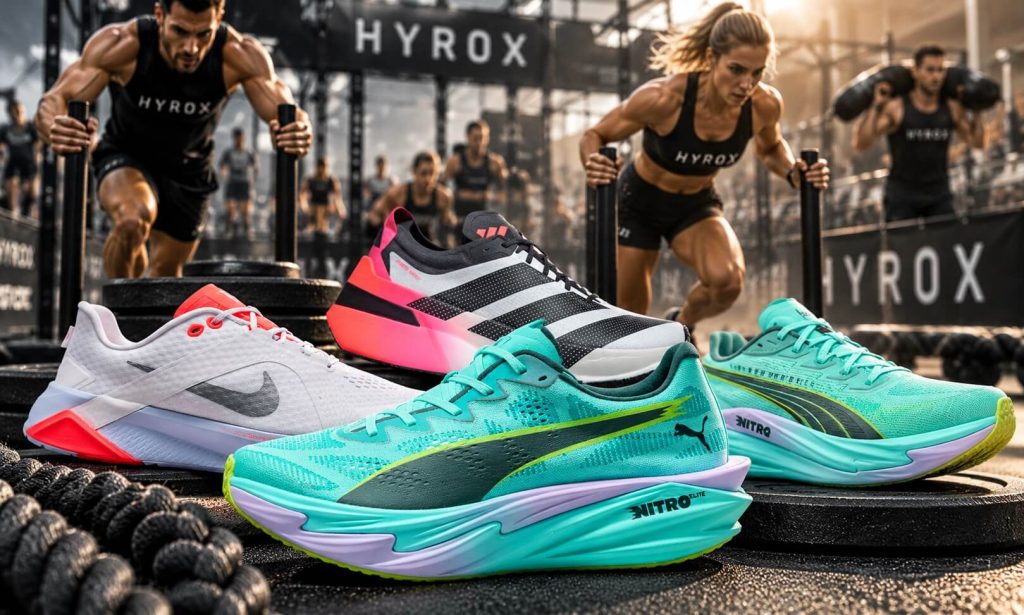 Bästa HYROX-skorna från Puma, Adidas och Nike i förgrunden med HYROX-atleter som tränar sled push i bakgrunden.