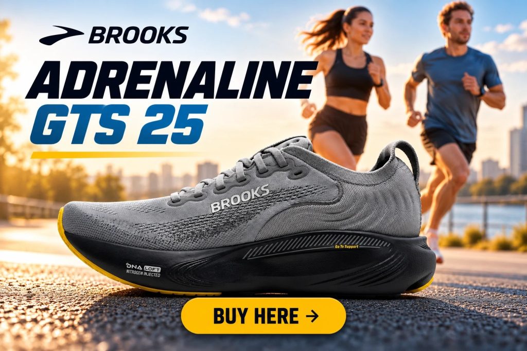 Brooks Adrenaline GTS 25 running shoe with Buy Here CTA and runners in the background