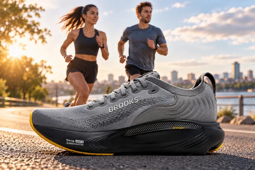Brooks Adrenaline GTS 25 running shoe with a male and female runner in the background