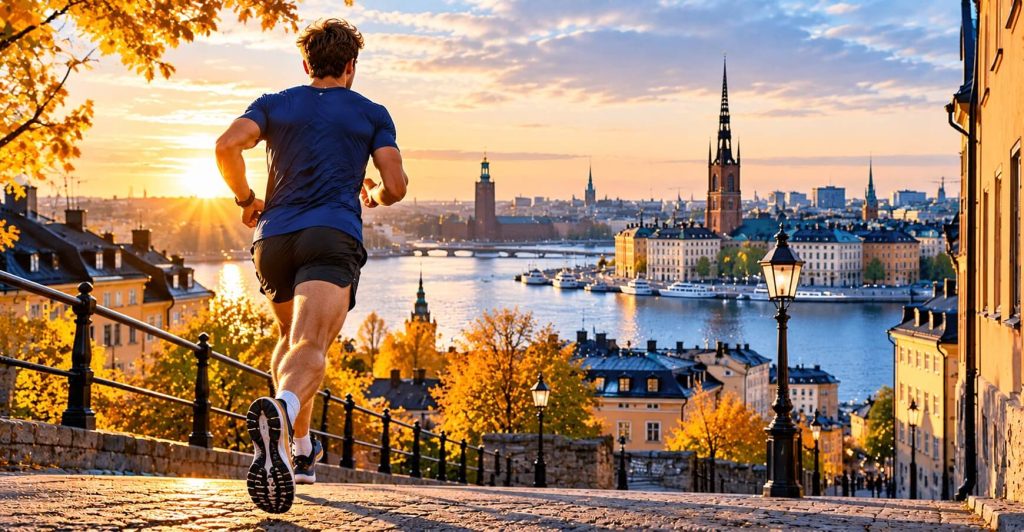 Löpare springer genom Stockholms gator med utsikt över Gamla stan och Riddarholmen – illustration till maratonkalkylator för att beräkna maratontid och löptempo.