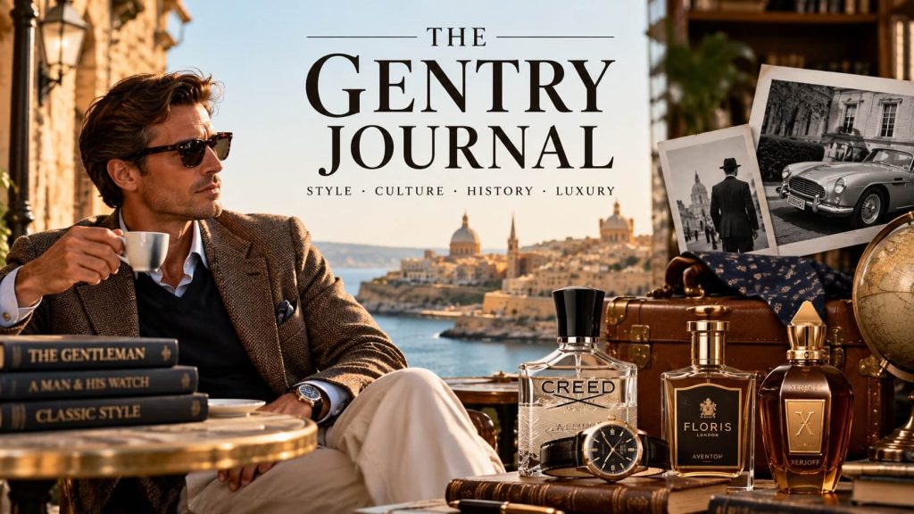 Elegant man i klassisk tweedkavaj med kaffe på en terrass med utsikt över Medelhavet, omgiven av exklusiva parfymer, klockor, böcker och vintageaccessoarer – The Gentry Journal.